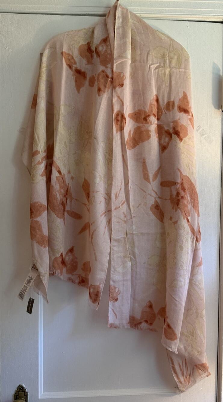 Chico’s Liquefied Floral Scarf Gingered Peach Metallic Rayon Blend NWT